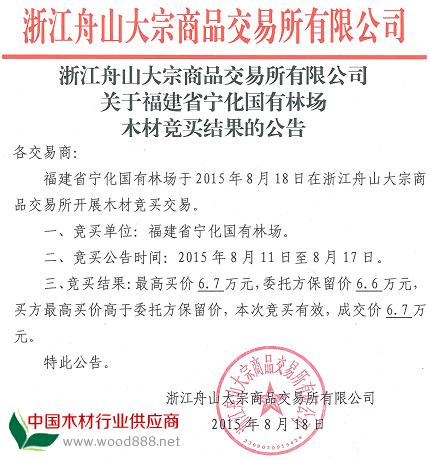 浙江舟山大宗商品交易所關(guān)于福建省寧化國有林場木材競買結(jié)果公告