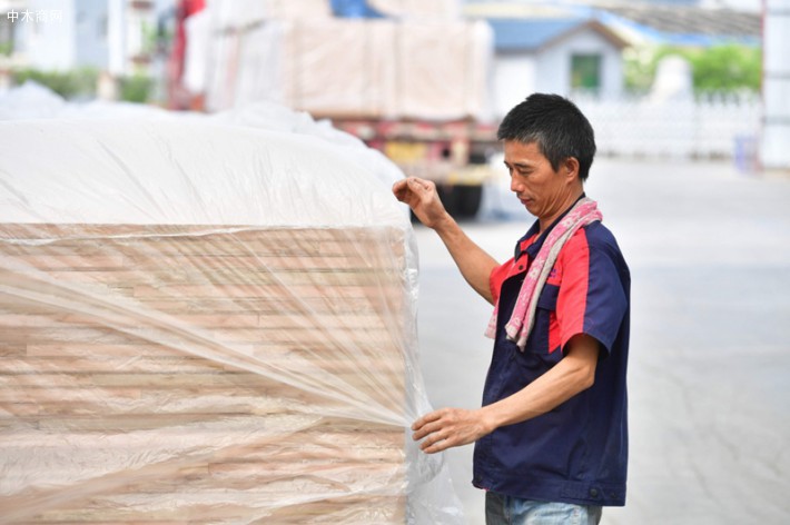 在廣西鹿寨縣廣西桂中現代林業科技產業園一家林木加工企業，戴運明在打包木材產品