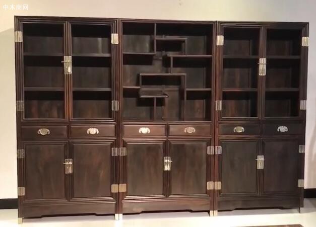 交趾黃檀三組合線條書柜高清細節圖片視頻分享